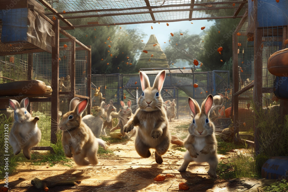 Poster a group of rabbits hopping and playing in a spacious enclosure, illustrating the trend of creating e