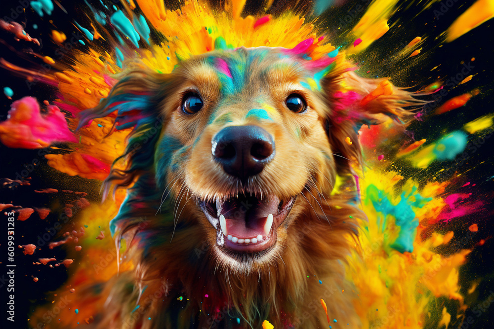 Aufkleber an vibrant photograph of a dog splashed in bright paint, contemporary colors and mood social backgro