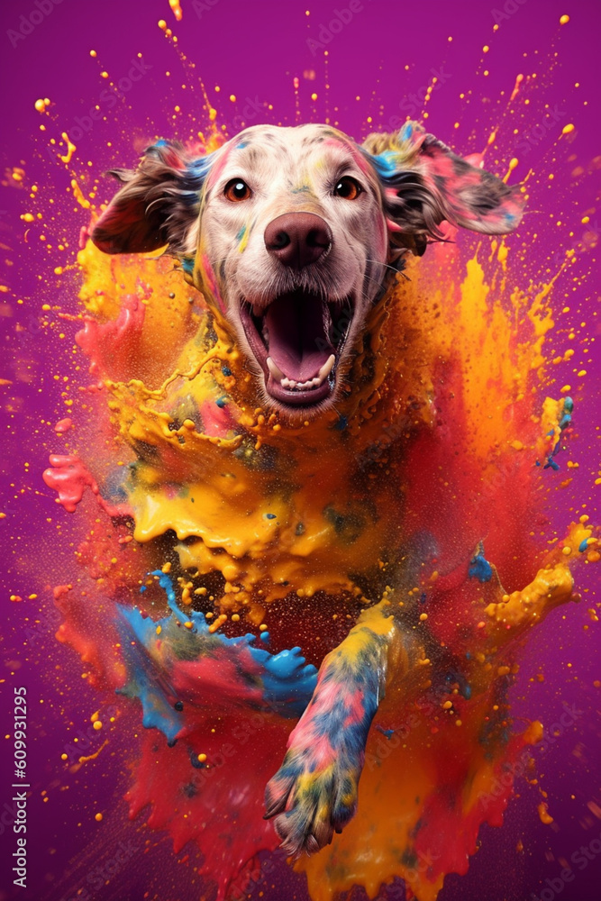 Aufkleber an abstract surreal photograph of a dog splashed in bright paint, contemporary colors and mood socia