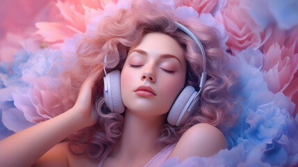 Beautiful girl with pink hair 
 listens to music with in headphones and dreaming. 
