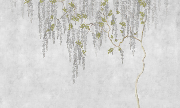 Fototapeta Floral wallpaper with leaves and flowers. Design for loft, modern interiors.