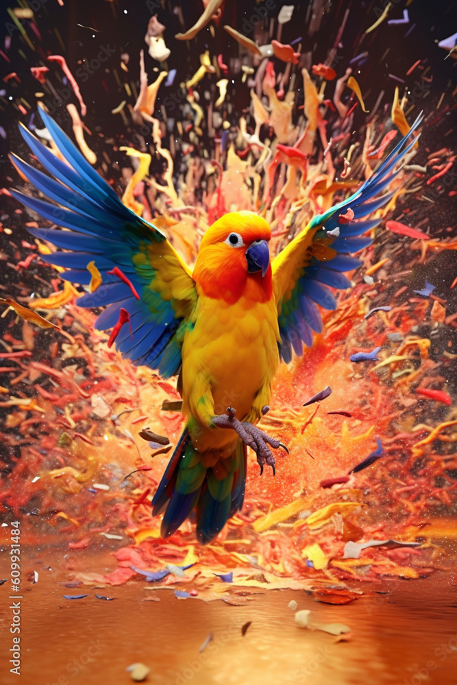 Poster an abstract surreal photograph of a lovebird splashed in bright paint, contemporary colors and mood 