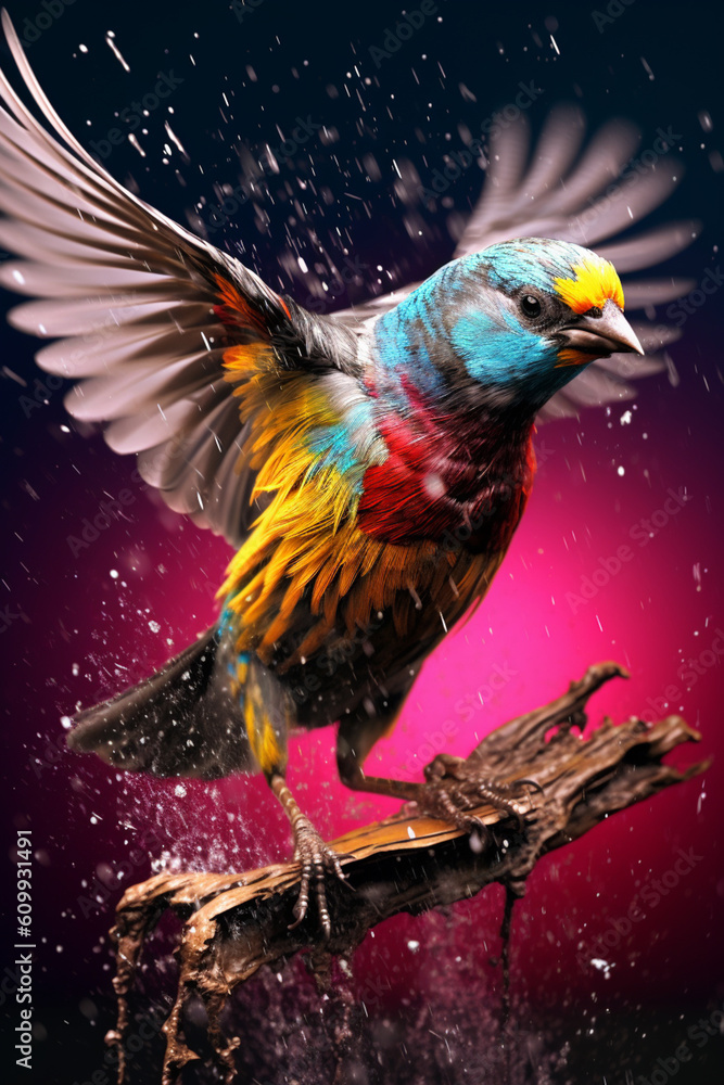 Poster an abstract surreal photograph of a finch splashed in bright paint, contemporary colors and mood soc