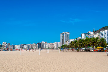 Kiosks on Copacabana beach in Rio de Janeiro, Brazil. Copacabana beach is the most famous beach in Rio de Janeiro. Sunny cityscape of Rio de Janeiro