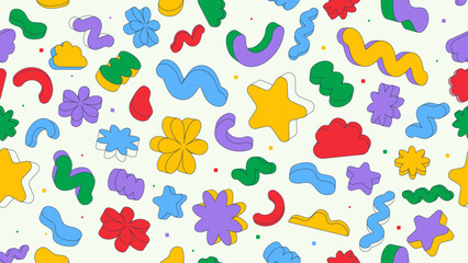 Abstract seamless pattern with colorful geometric 3d shape. Sticker random shapes in bright childish colors. Vector flat cartoon background.