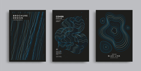 Blue neon lines. Futuristic covers set with fluid patterns. Abstract vector posters.