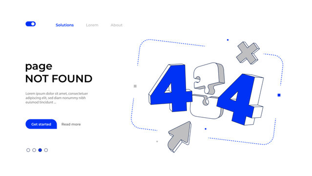 404 error landing page design with 3d numbers. Concept of online service notification. Vector