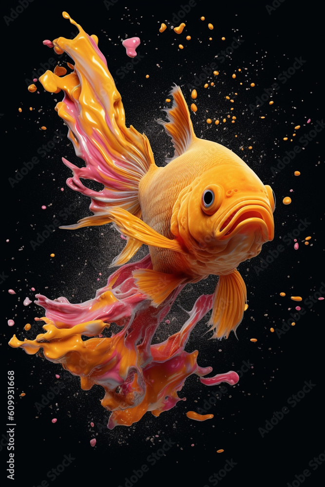 Poster an abstract surreal photograph of a goldfish splashed in bright paint, contemporary colors and mood 
