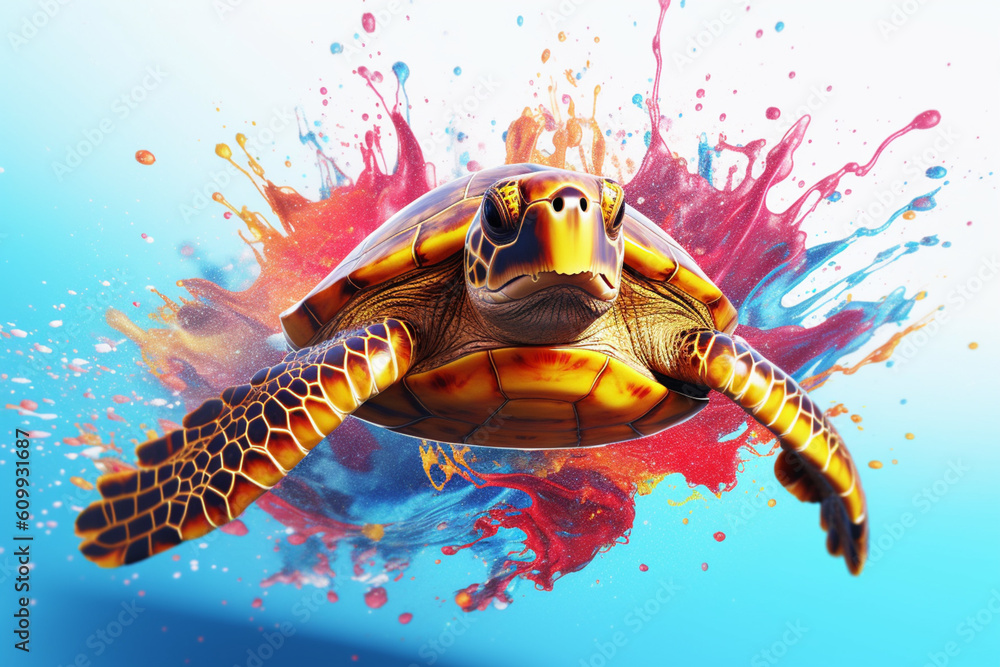 Poster an vibrant photograph of a turtle splashed in bright paint, contemporary colors and mood social back