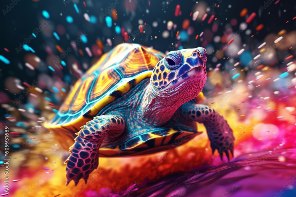 Poster an vibrant photograph of a turtle splashed in bright paint, contemporary colors and mood social back