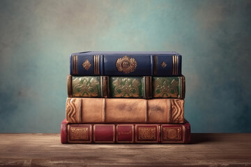 A stack of different books by size and color on a blue background.