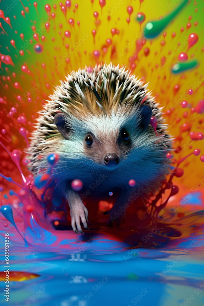 Poster an abstract surreal photograph of a hedgehog splashed in bright paint, contemporary colors and mood 