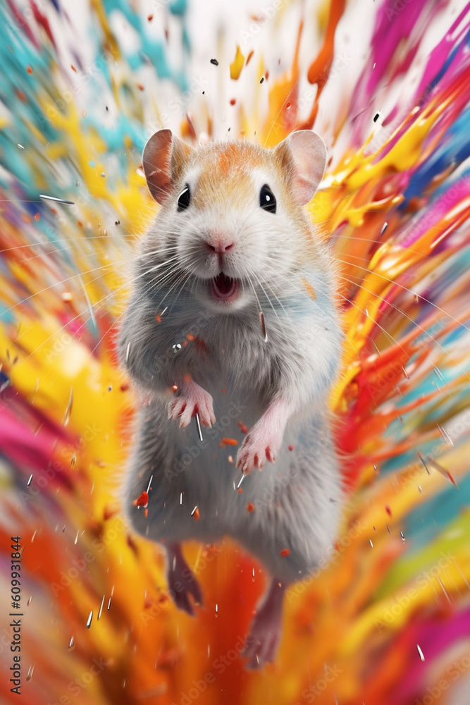 Poster an abstract surreal photograph of a gerbil splashed in bright paint, contemporary colors and mood so