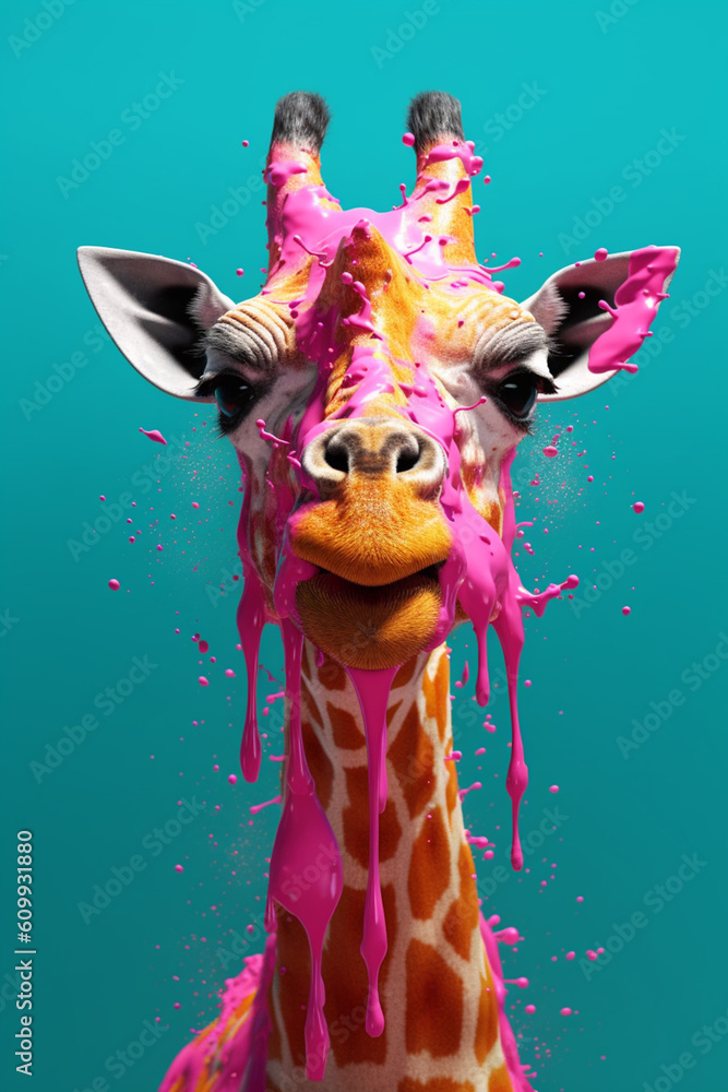 Poster an abstract surreal photograph of a giraffe splashed in bright paint, contemporary colors and mood s