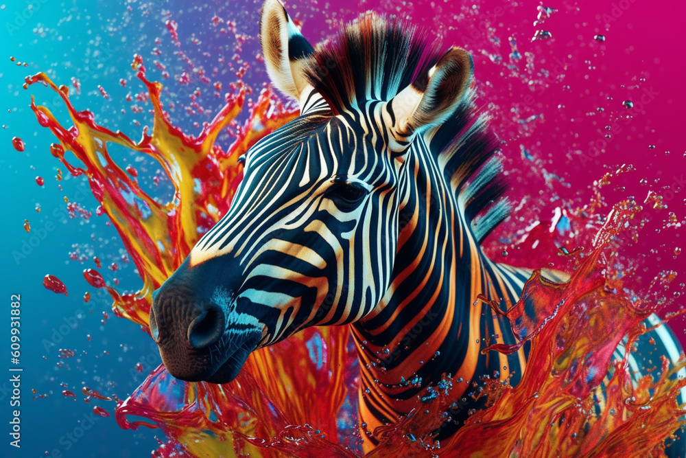 Poster an vibrant photograph of a zebra splashed in bright paint, contemporary colors and mood social backg