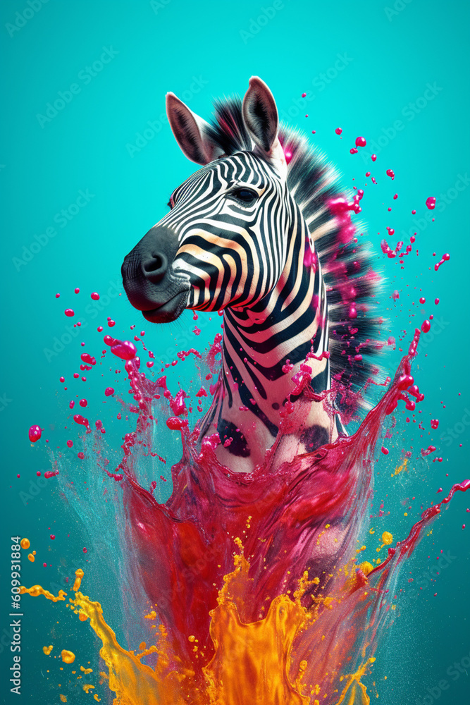 Poster an abstract surreal photograph of a zebra splashed in bright paint, contemporary colors and mood soc