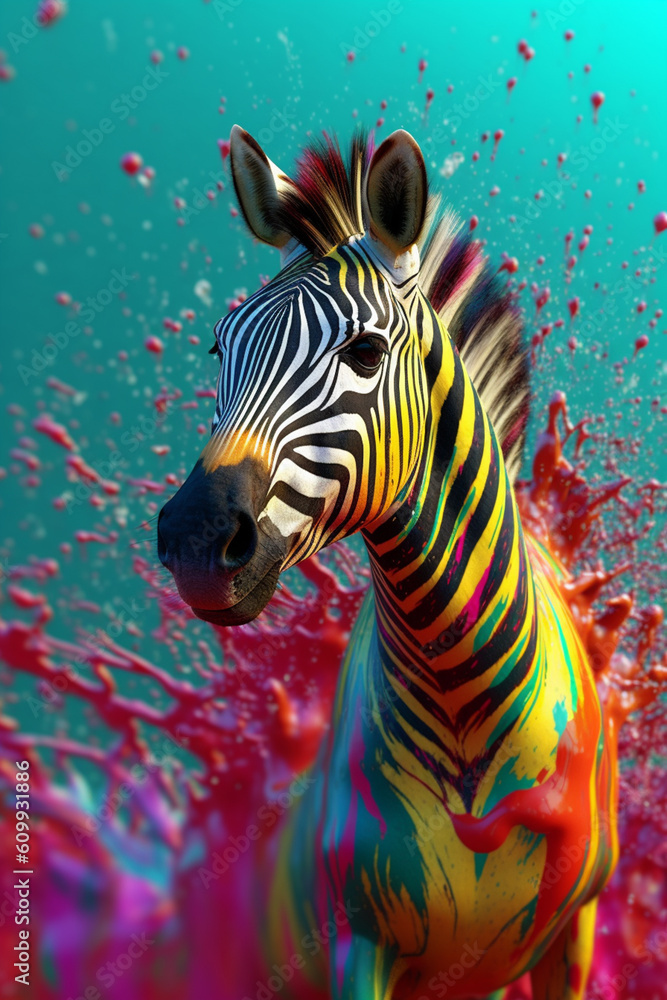 Poster an abstract surreal photograph of a zebra splashed in bright paint, contemporary colors and mood soc