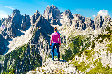 Epic view on Cadini di Misurina mountain range in the morning. Tre Cime, Dolomites, South Tirol, Italy, Europe.