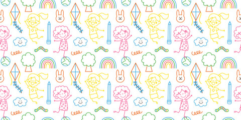 Colorful funny Girls, toys seamless pattern doodle style. Cute happy children repeating print. Childish background, texture for textile, fabric, wrapping. Flat graphic vector illustration