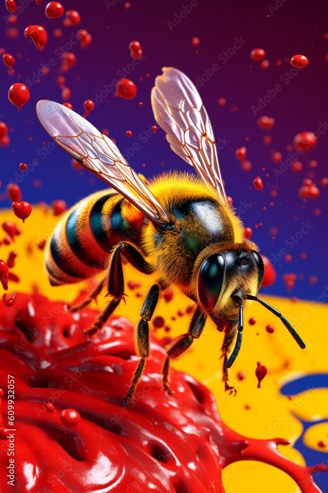 Poster an abstract surreal photograph of a bee splashed in bright paint, contemporary colors and mood socia