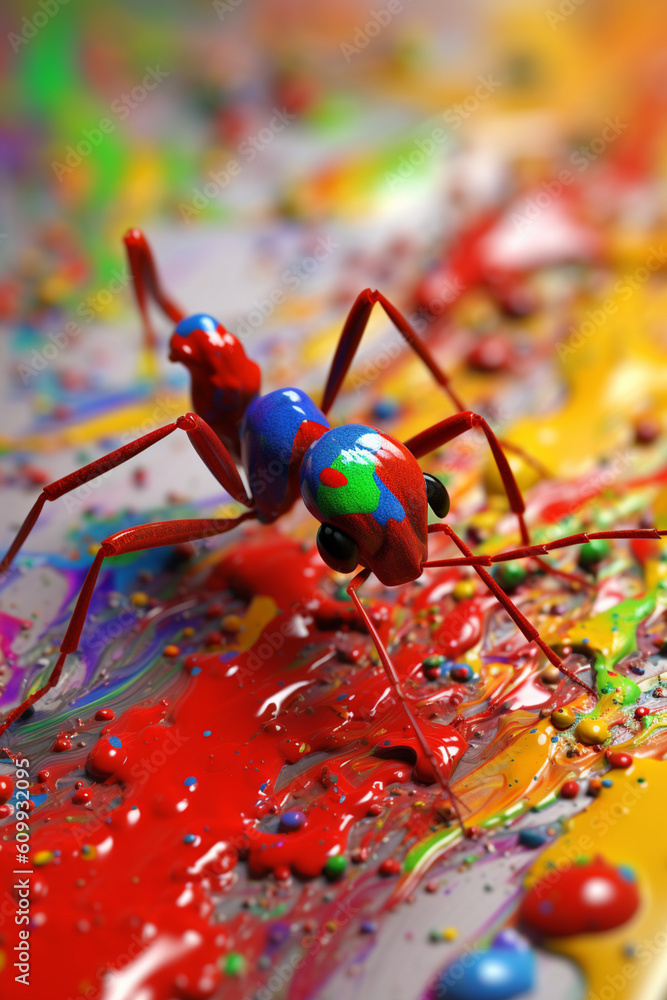 Poster an abstract surreal photograph of a ant splashed in bright paint, contemporary colors and mood socia