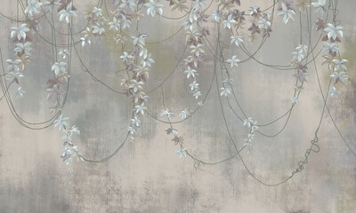 Floral wallpaper with leaves and flowers. Design for loft, modern interiors.