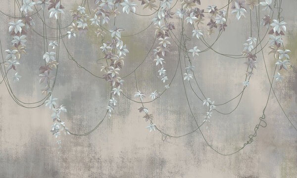 Fototapeta Floral wallpaper with leaves and flowers. Design for loft, modern interiors.