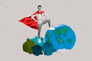 Banner collage illustration of young superhero wear red cape face mask plasticine earth planet sort...