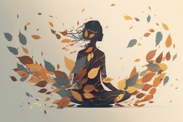 meditating woman floating, hair of leaves, minimalistic background, Generative ai