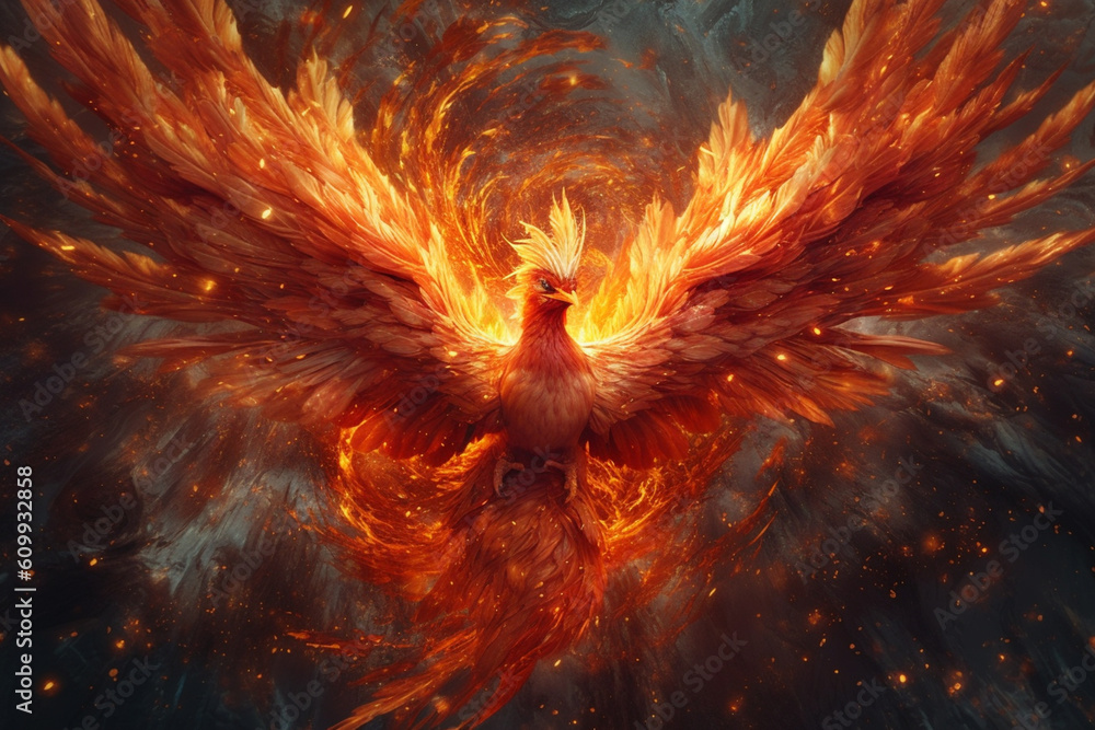 Aufkleber a digital composition of fiery particles swirling and forming the shape of a phoenix, representing r