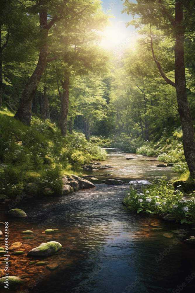 Aufkleber a tranquil image of a peaceful river flowing through a lush forest, inviting a sense of serenity and