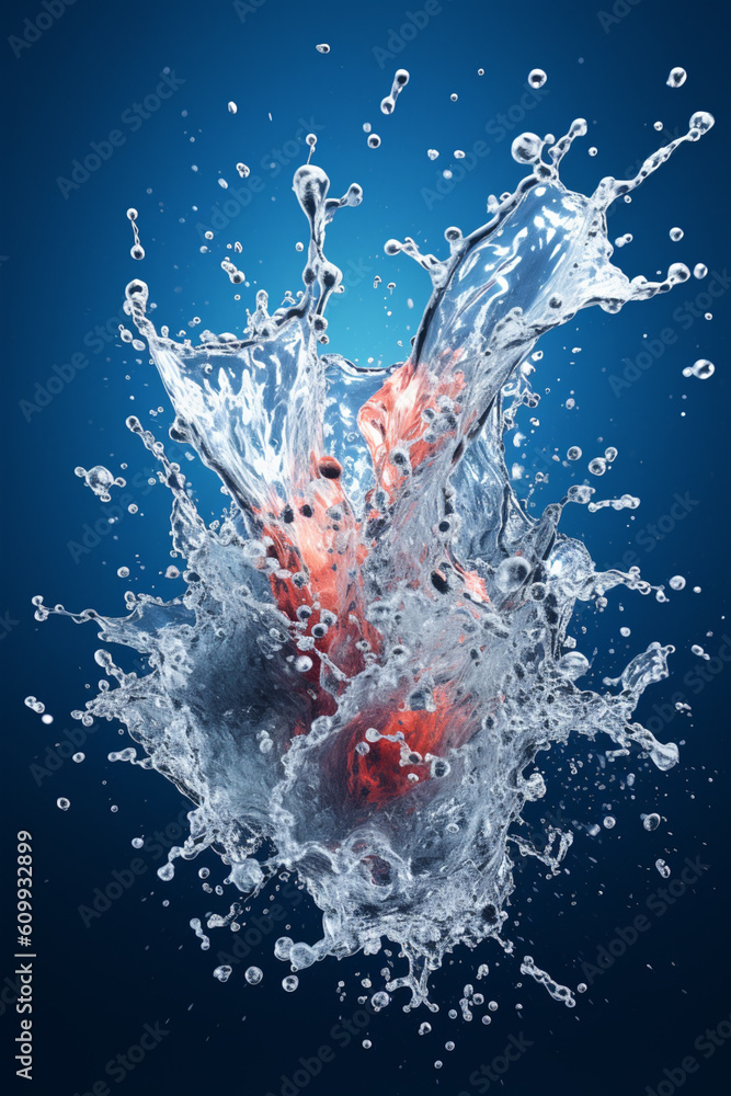 Poster a digital composition of water splashes frozen in mid-air, conveying the energy and vibrancy of wate