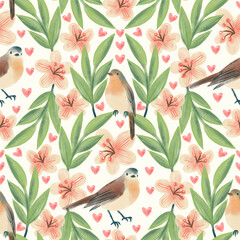 Seamless pattern with birds in the spring cherry garden.