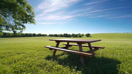 Obraz premium Picnic table on a green meadow in blue sky. Generative Ai