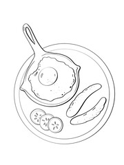 contour line illustration flatlay menu breakfast scrambled eggs sausages healthy food design element advertising print sticker coloring book