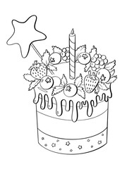 contour line illustration birthday cake with candle berries and chocolate delicious food confectioner design element advertising print sticker coloring book