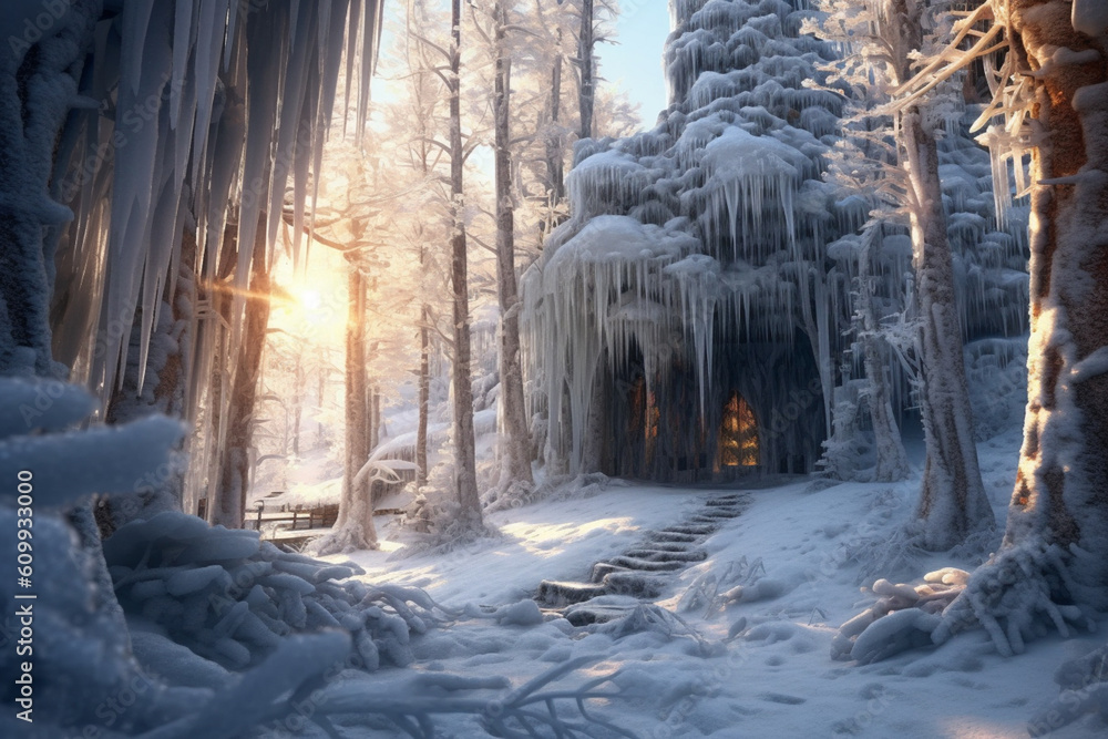 Poster a frozen forest, with branches adorned with icicles and a soft glow of sunlight filtering through the frozen canopy. Generative AI technology.