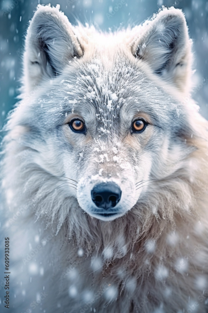 Poster a frozen wolf, with its fur covered in frost, capturing the intense and captivating gaze of this wil