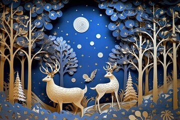 Deer with the Christmas 4d paper forest and deer wall in the night with stars