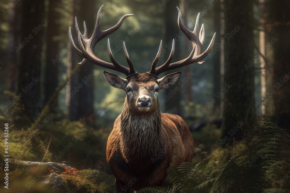 Poster a close-up image of a majestic stag with its impressive antlers, exuding strength and dominance in i