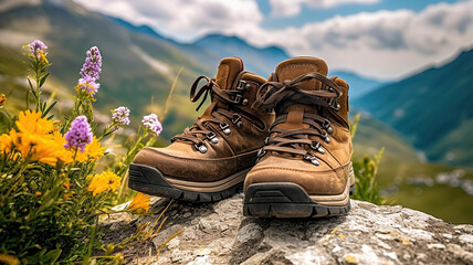hiking boots stand in the mountain with flowers. Generative Ai