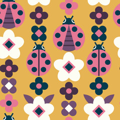 Seamless vector pattern with geometric flowers and ladybugs. - 609933457