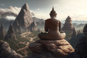 Fototapeta na wymiar Meditating Buddha sitting backwards, beautiful landscape with mountains and clouds in the background, Generative ai