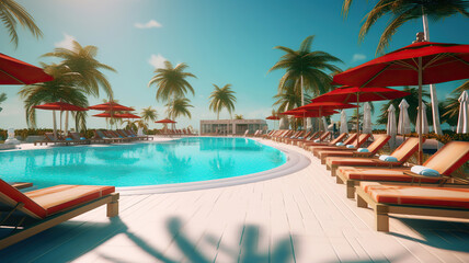 Fototapeta na wymiar Luxurious beach resort with swimming pool and beach chairs or loungers under umbrellas with palm trees and blue sky. Generative Ai