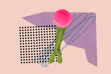 Composite design collage of headless pink tennis ball playing game green absurd sportive legs...