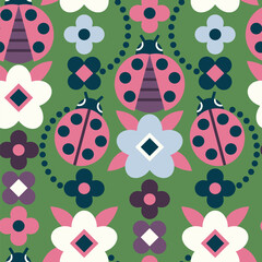 Seamless vector pattern with geometric flowers and ladybugs. - 609933699