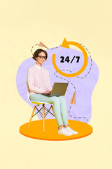 Collage photo 24 hours watch all day night working woman online support service help you contact...
