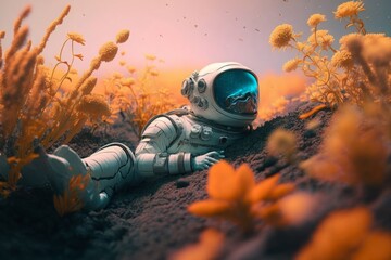 Astronaut is resting on an alien planet lying among flowers, Generative ai