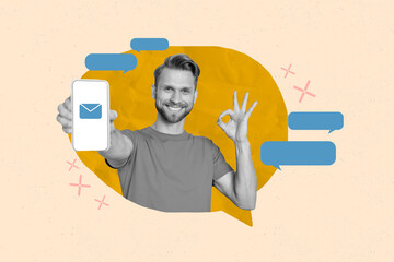 Photo placard collage demonstrate smartphone display email icon unread messages okey sign recommend useful app isolated on yellow background