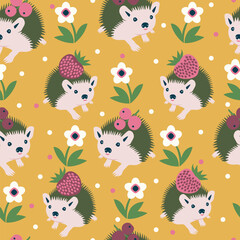 Vector seamless pattern design with cute hedgehogs in the garden. - 609935454